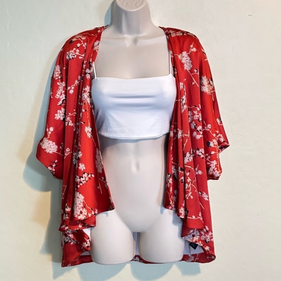 Forever 21 Red Cherry Blossom Floral Satin Kimono Size S - Picture 9 of 15